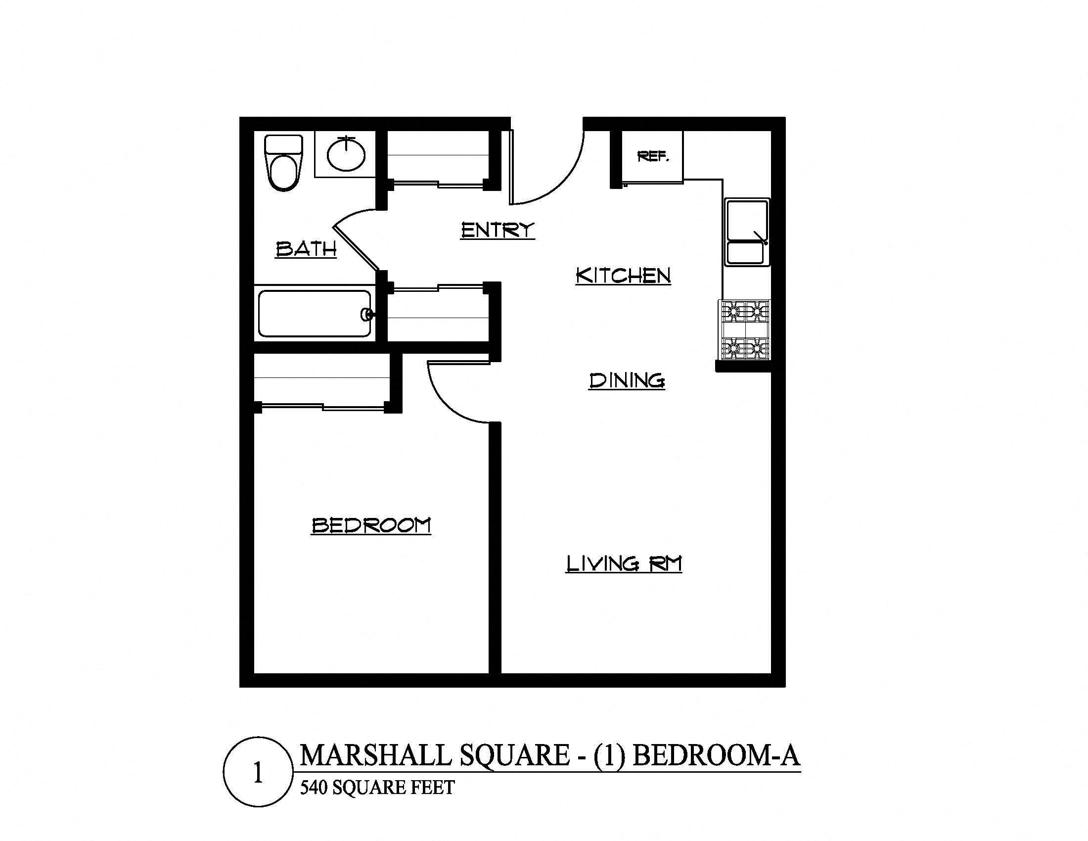 Floor plan for 1 bed, 1 bath, 540 sqft